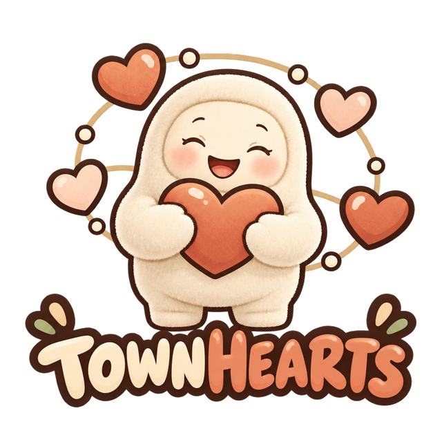 TownHearts logo: a fluffy cream mascot hugging an orange heart, TOWNHEARTS in bubble letters